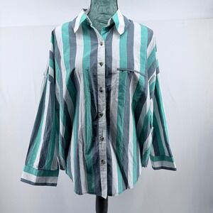Anthropologie Teal Grey Striped Button Down Shirt XXS Relaxed Fit Long Sleeve